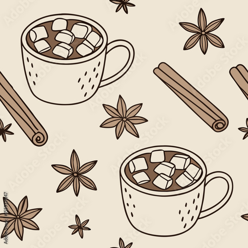 Watercolor seamless pattern with cozy winter mugs showing drink, cinnamon sticks, and star anise. Cozy winter mugs illustration features hot beverage, marshmallows, and spices on a repeating layout.