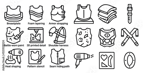 Various outlined icons representing body armor and related equipment.
