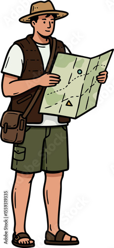 Man explorer holding map looking for directions wearing hat shorts and vest outdoor adventure concept vector illustration