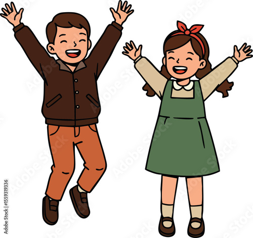 Happy children jumping with arms raised joyful boy and girl smiling in casual clothing vector illustration