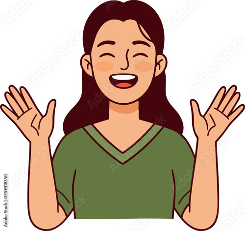 Happy young woman smiling with raised hands expressing joy and positivity in casual green shirt vector illustration