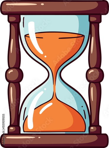 Hourglass with orange sand and wooden frame vintage style countdown timer vector illustration