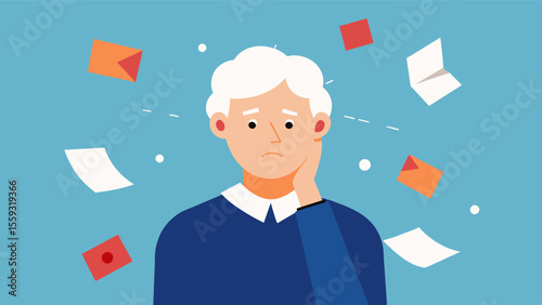 An older individual with a worried expression surrounded by tered papers and overlapping mind maps struggling to connect their thoughts and memories together.. Vector illustration