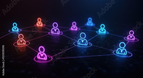 Neon stylized human figures connected by lines on a dark background.
