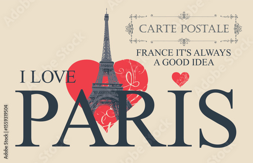 Vector tourist postcard with Eiffel Tower in Paris and words I love Paris. Valentine's day card in vintage style with heart sign. French language school. Flyer, advertising banner. No ai used