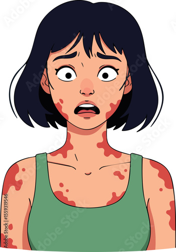 Young woman with skin rash and worried expression in green top vector illustration in portrait style