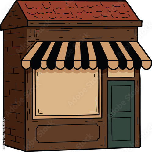 Small wooden shop with striped awning and green door in vintage style vector illustration