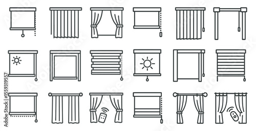 Various curtain and blind styles in black and white illustrations.