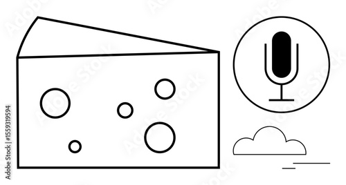 Cheese wedge with circular holes, microphone icon, and simple cloud line art. Ideal for creativity, communication, food industry, media, dairy products, podcasts simple landing page