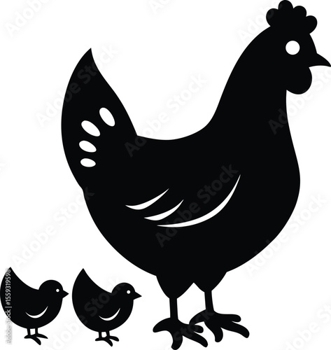 A Black Silhouette of a Hen Standing Next to Two Small Chicks on a White Background. Hen and Chicks Silhouette, Mother Hen with Two Chicks Vector Art on White Background. 