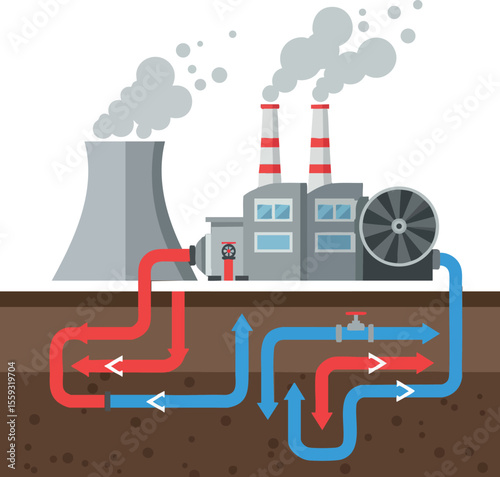 Industrial power plant with cooling tower and underground piping system showing steam emissions and energy flow vector illustration