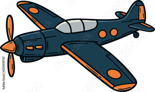 Vintage propeller airplane flying with orange accents and dark blue body vector illustration in cartoon style