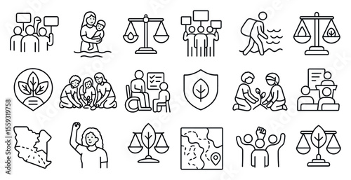 Various justice-related icons, including scales and people, outlined style.