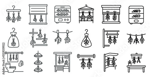 Various drying racks with hanging meats and food, drawn illustration.