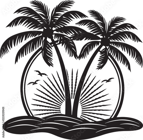 Tropical sunset scene with palm trees and ocean waves isolated on a white background