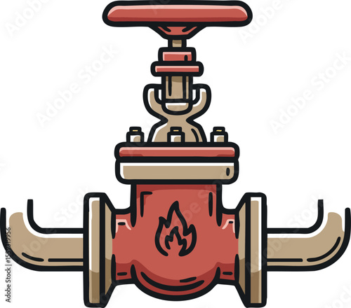Red fire hydrant valve with metal pipes vector illustration for safety and emergency systems design