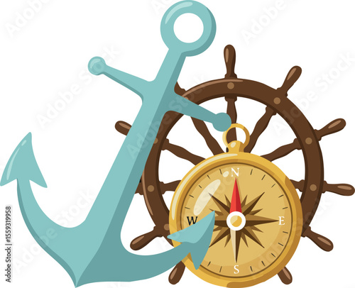 Nautical anchor compass and ship wheel vector illustration for marine navigation and sailing design elements