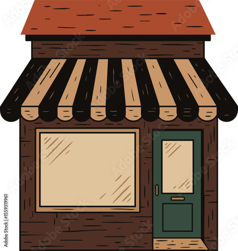 Small wooden storefront with brown and red roof and striped awning vector illustration for business and retail design