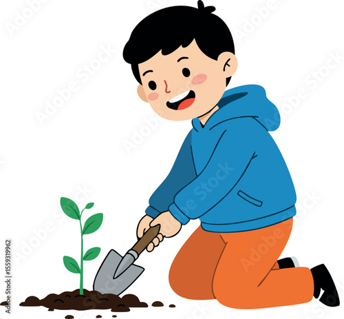 Boy planting young green seedling in soil with small shovel gardening activity vector illustration