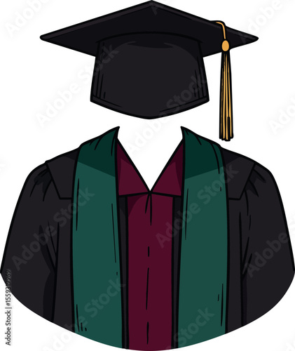 Graduation cap and gown academic attire with green stole vector illustration for education ceremony celebration