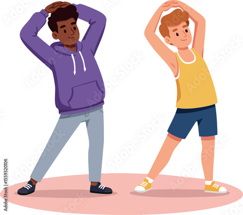 Two boys stretching exercise vector illustration showing active children warming up before sports activity