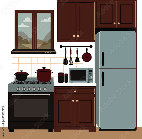 Kitchen interior with stove refrigerator wooden cabinets microwave and cooking utensils vector illustration