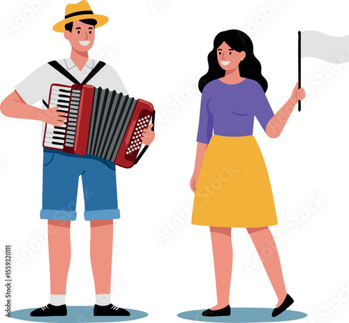Man playing accordion and woman holding white flag casual outdoor scene vector illustration