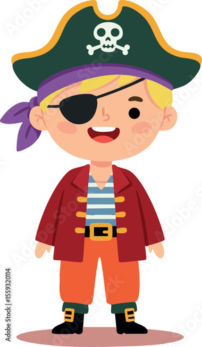 Pirate boy character with eyepatch and hat wearing red jacket and orange pants vector illustration