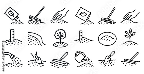 Hand-drawn icons illustrating various steps of planting and gardening.