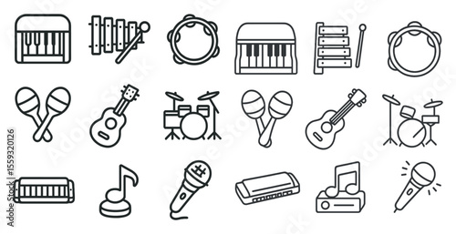Various musical instruments illustrated in a simple, black-and-white style.