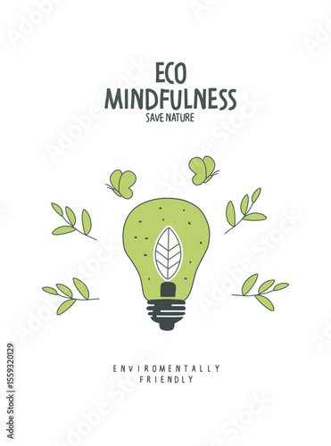 Vector hand drawn cartoon sketch of energy saving in the speach bubble. LED lamp with green leaf. Alternative green energy concept. Sustainable lifestyle.
