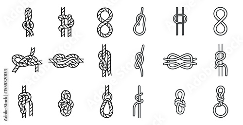 Collection of rope knots in various shapes and sizes. The knots are all different and some are more complex than others. Scene is one of complexity and intricacy
