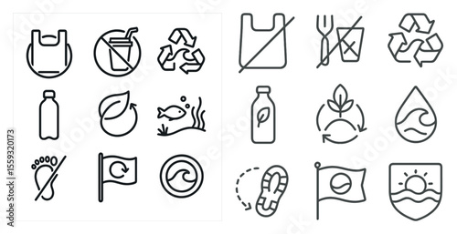 Series of symbols and icons related to environmental issues. The symbols include a bottle, a flag, a fork, a cup, a fish, and a wave. The icons are arranged in a grid