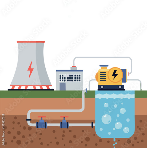 Industrial power plant generating electricity with underground water heating system vector illustration