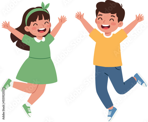 Happy jumping children boy and girl smiling with arms raised in playful joyful mood vector illustration
