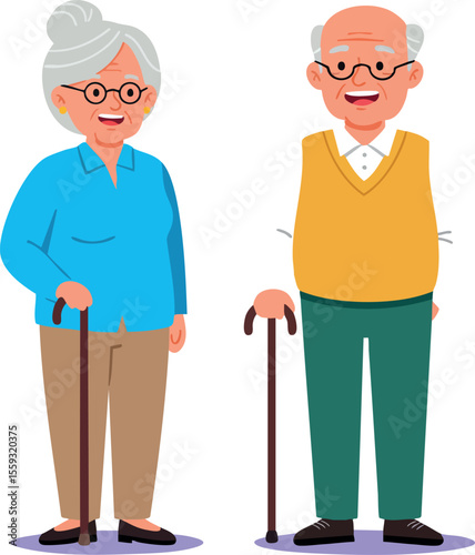 Elderly couple standing with walking canes smiling together in casual clothing vector illustration