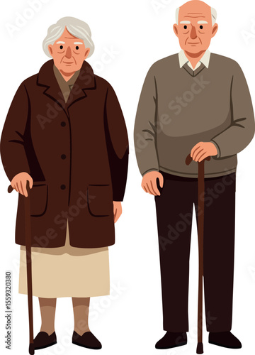 Elderly couple standing with walking sticks wearing casual autumn clothes vector illustration