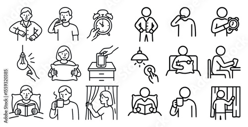 Drawings show various daily activities, including eating, sleeping, exercising, working.