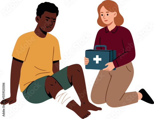 Man with injured leg receiving first aid treatment from woman holding medical kit vector illustration