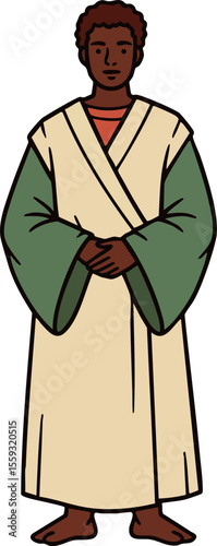 Man wearing traditional robe standing with hands folded calm expression vector illustration