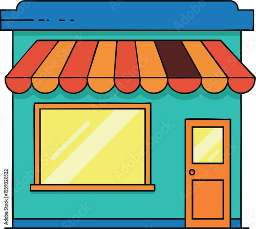 Small shop building with colorful striped awning and large window storefront vector illustration