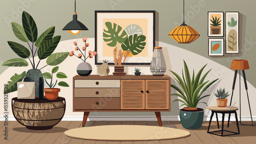 A Scandinavian design home interior featuring a wooden commode, sleek black lamp, rattan basket, lush plants, and elegant accessories. A stylish living room decor with a poster mock-up for modern insp