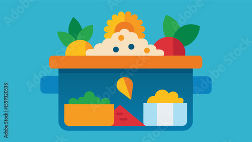 Sensory Bin A container filled with a variety of materials such as rice beans and small toys providing tactile exploration and sensory play.. Vector illustration
