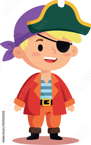 Pirate boy character vector in colorful costume with eye patch smiling and standing confidently in cartoon style