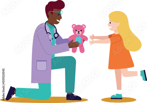 Doctor giving pink teddy bear to happy little girl in orange dress vector illustration of pediatric care and kindness
