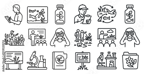Medical icons depicting various healthcare activities and procedures in lineart.