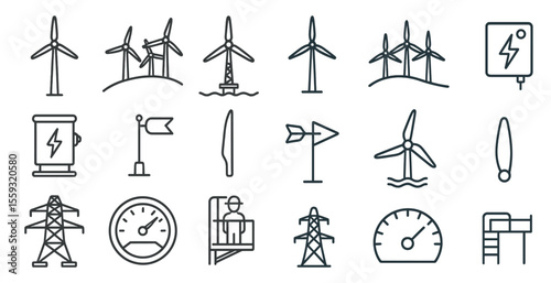 Icons of wind turbines, power lines, speedometers, electrical themes.