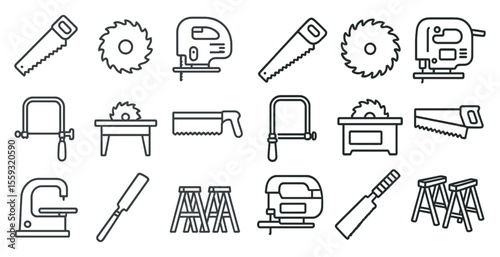 Icons of various saws, clamps, chisels, and workbenches illustrated.