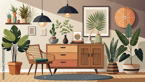 A Scandinavian design home interior featuring a wooden commode, sleek black lamp, rattan basket, lush plants, and elegant accessories. A stylish living room decor with a poster mock-up for modern insp