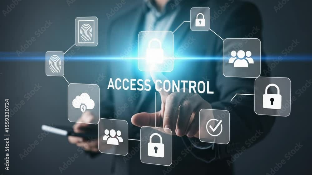 A man in a suit interacts with a holographic access control interface with security icons shown